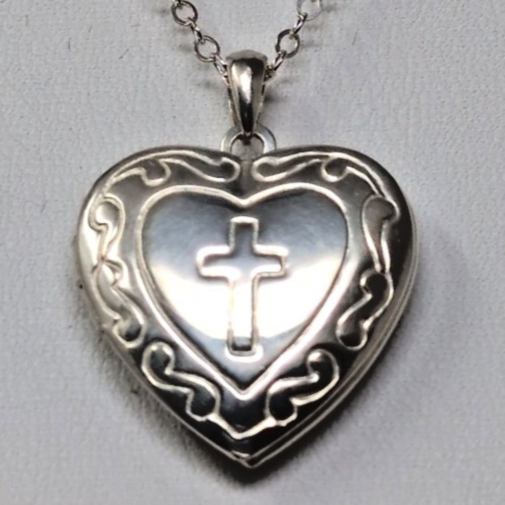 Sterling Silver Heart Cross Locket Necklace Opens for Photos Religious